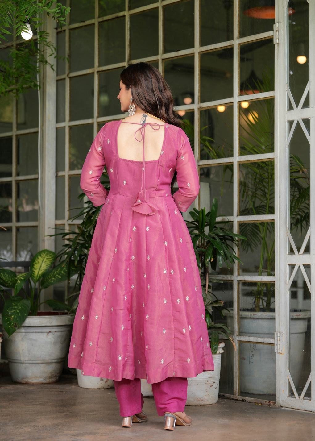Aadesh Fashion Pink PV Chanderi Silk Flared Anarkali Suit Set