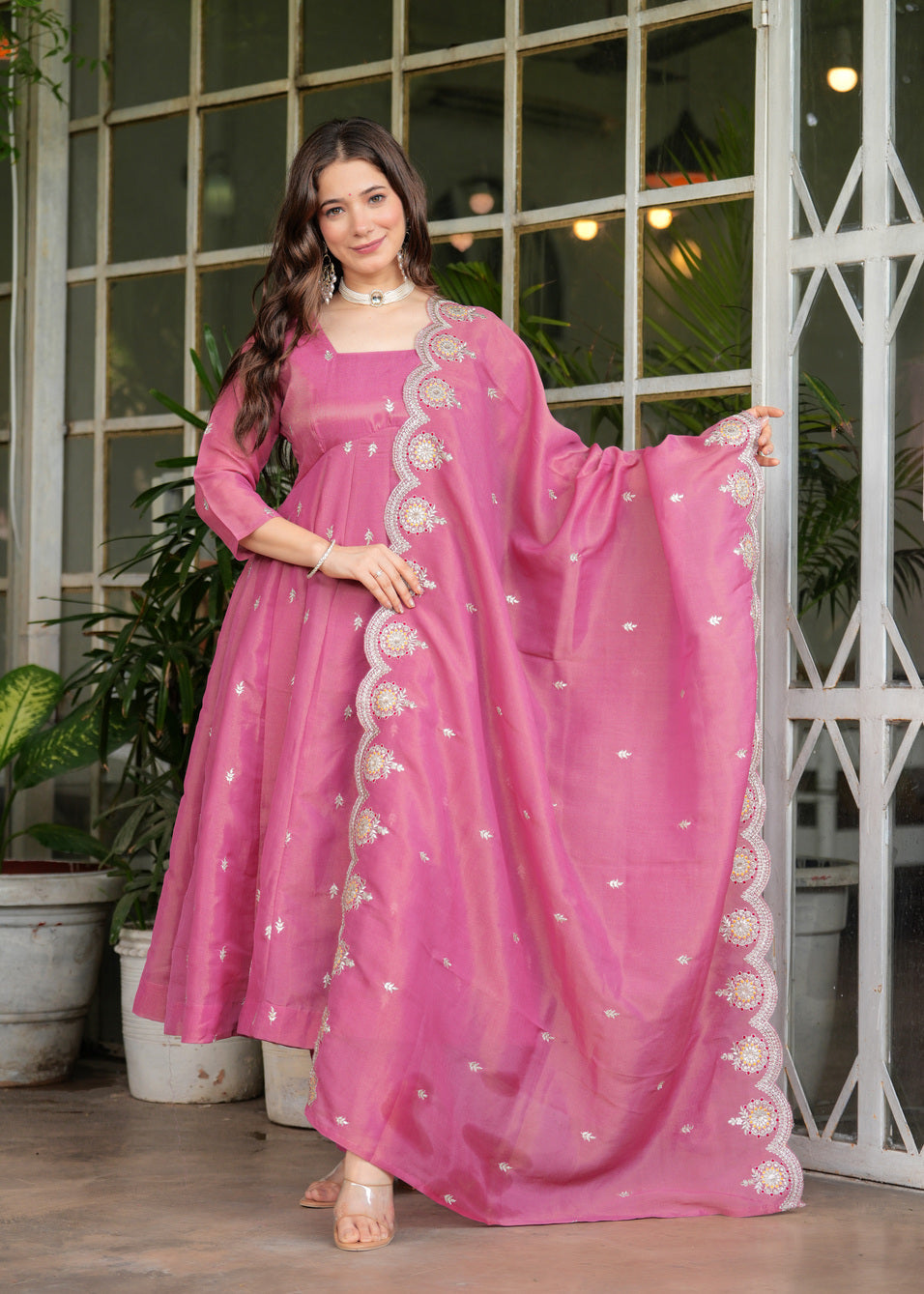 Aadesh Fashion Pink PV Chanderi Silk Flared Anarkali Suit Set