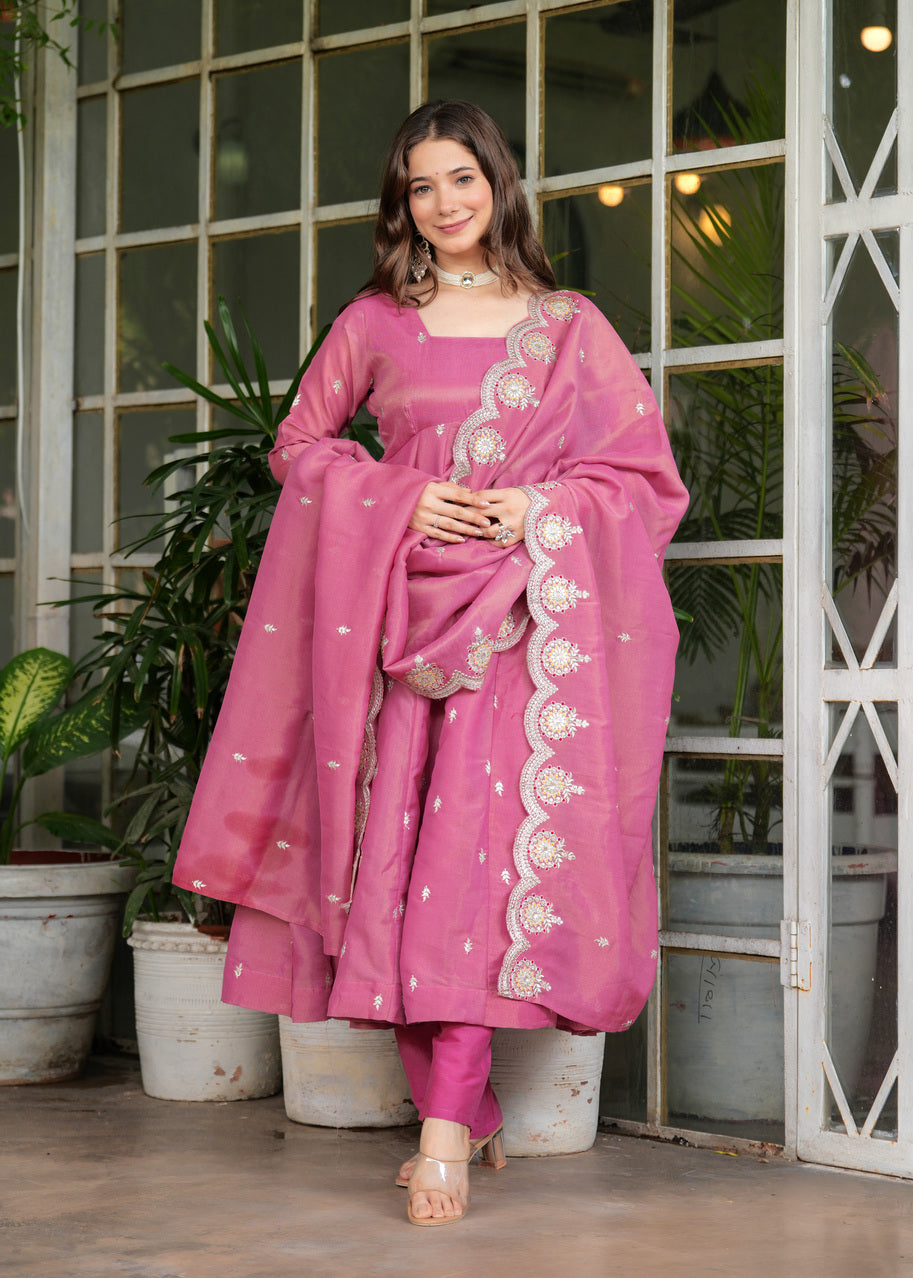 Aadesh Fashion Pink PV Chanderi Silk Flared Anarkali Suit Set