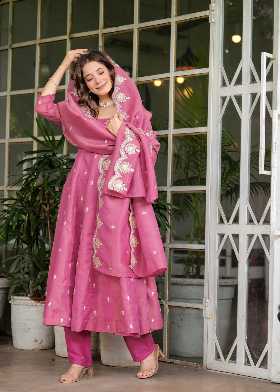 Aadesh Fashion Pink PV Chanderi Silk Flared Anarkali Suit Set