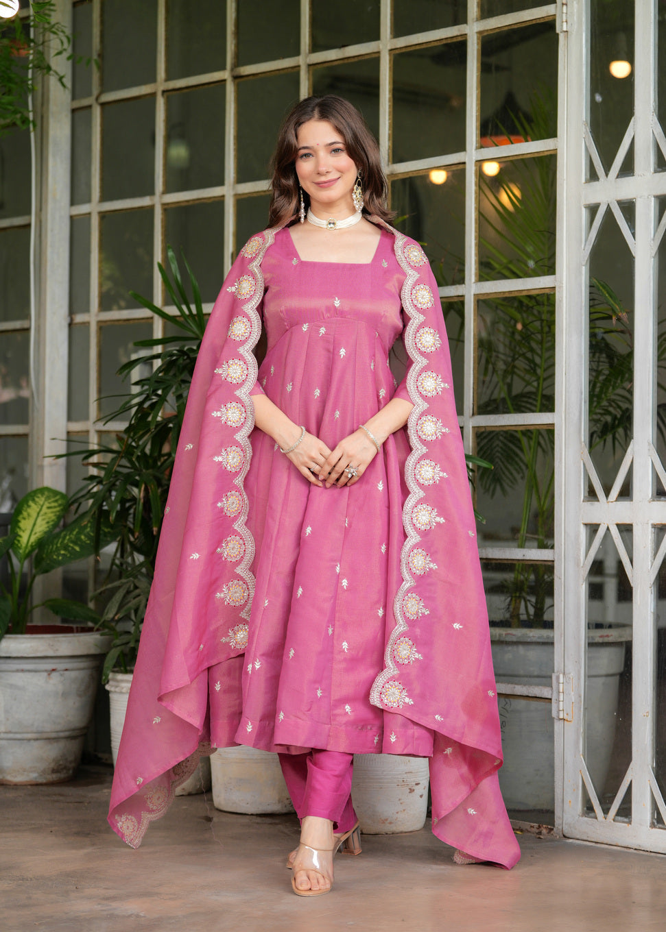 Aadesh Fashion Pink PV Chanderi Silk Flared Anarkali Suit Set