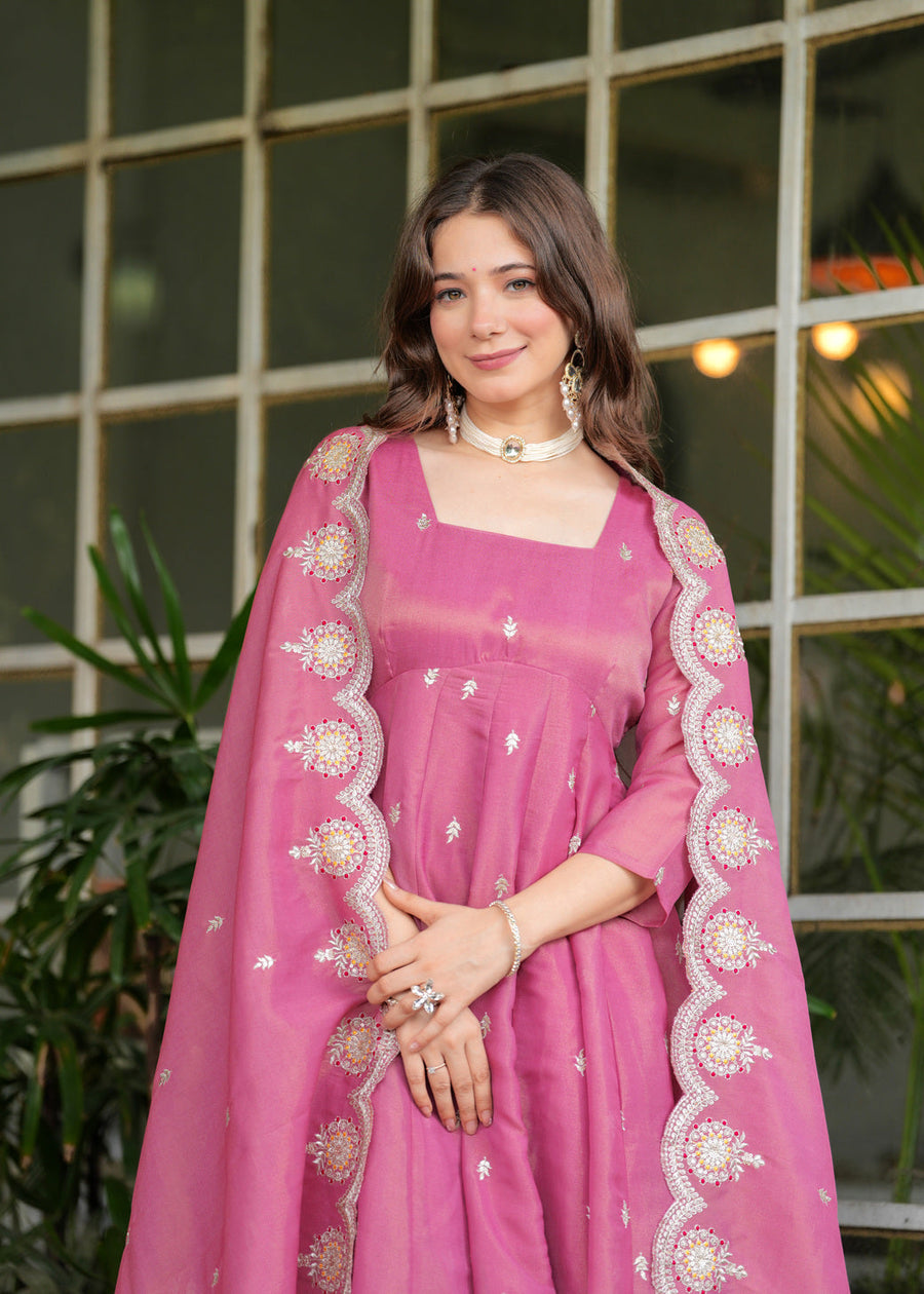 Aadesh Fashion Pink PV Chanderi Silk Flared Anarkali Suit Set