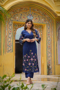 Royal Blue Chanderi Kurta Set – 3-Piece V-Neck Floral Embroidered Festive Suit