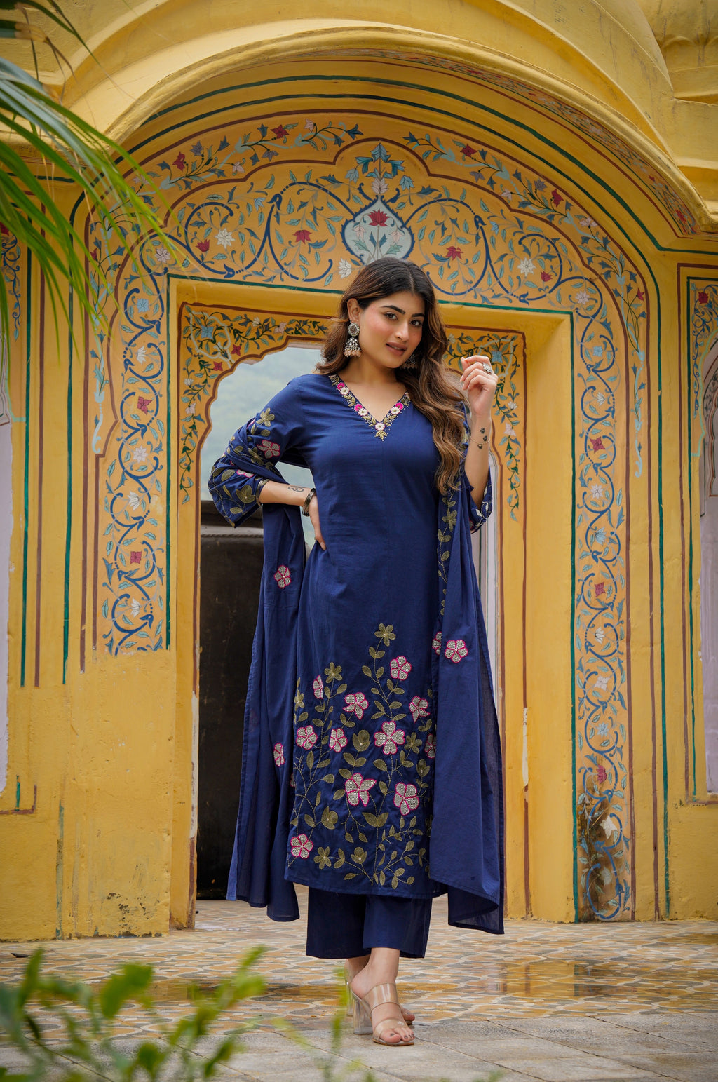 Royal Blue Chanderi Kurta Set – 3-Piece V-Neck Floral Embroidered Festive Suit