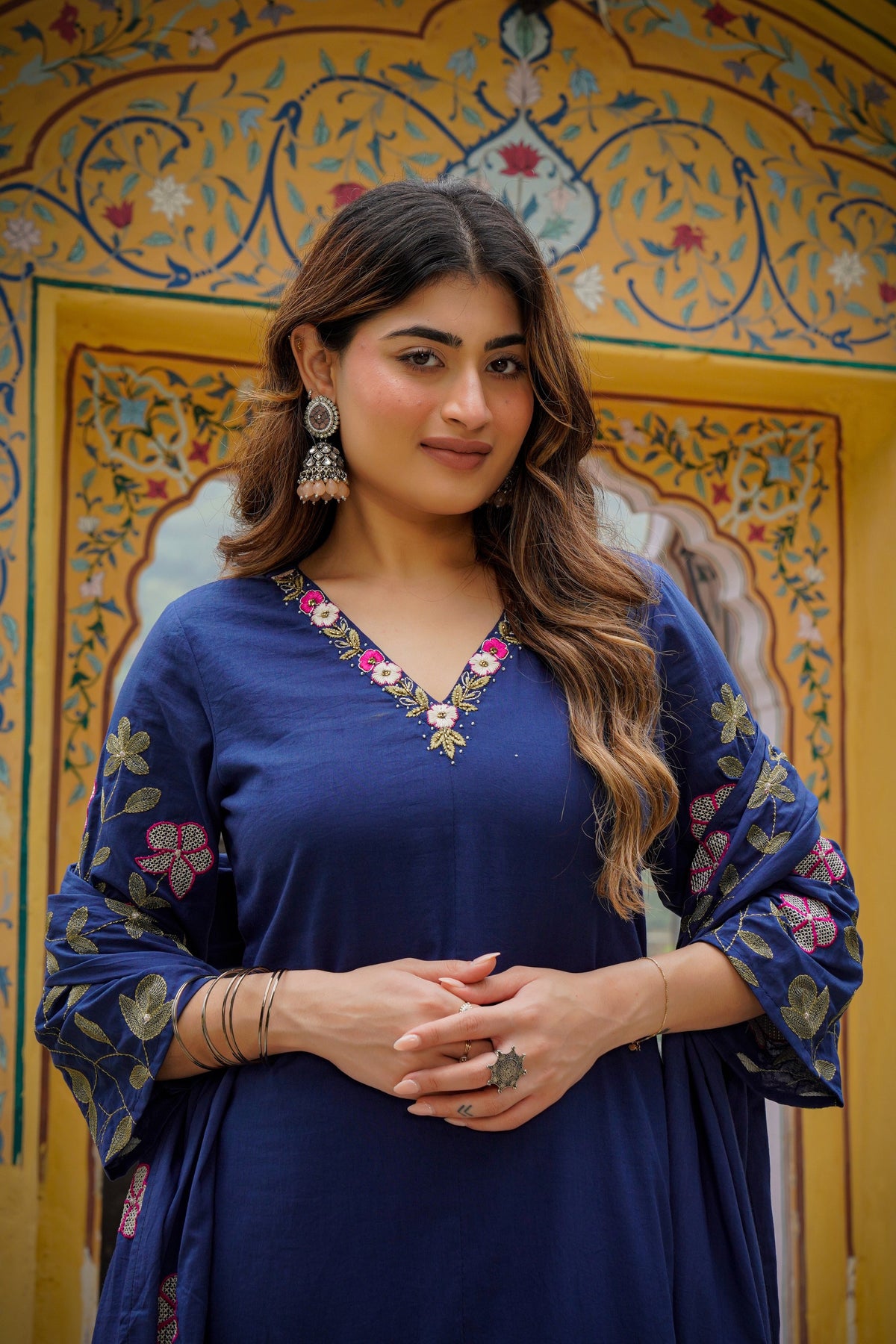 Royal Blue Chanderi Kurta Set – 3-Piece V-Neck Floral Embroidered Festive Suit