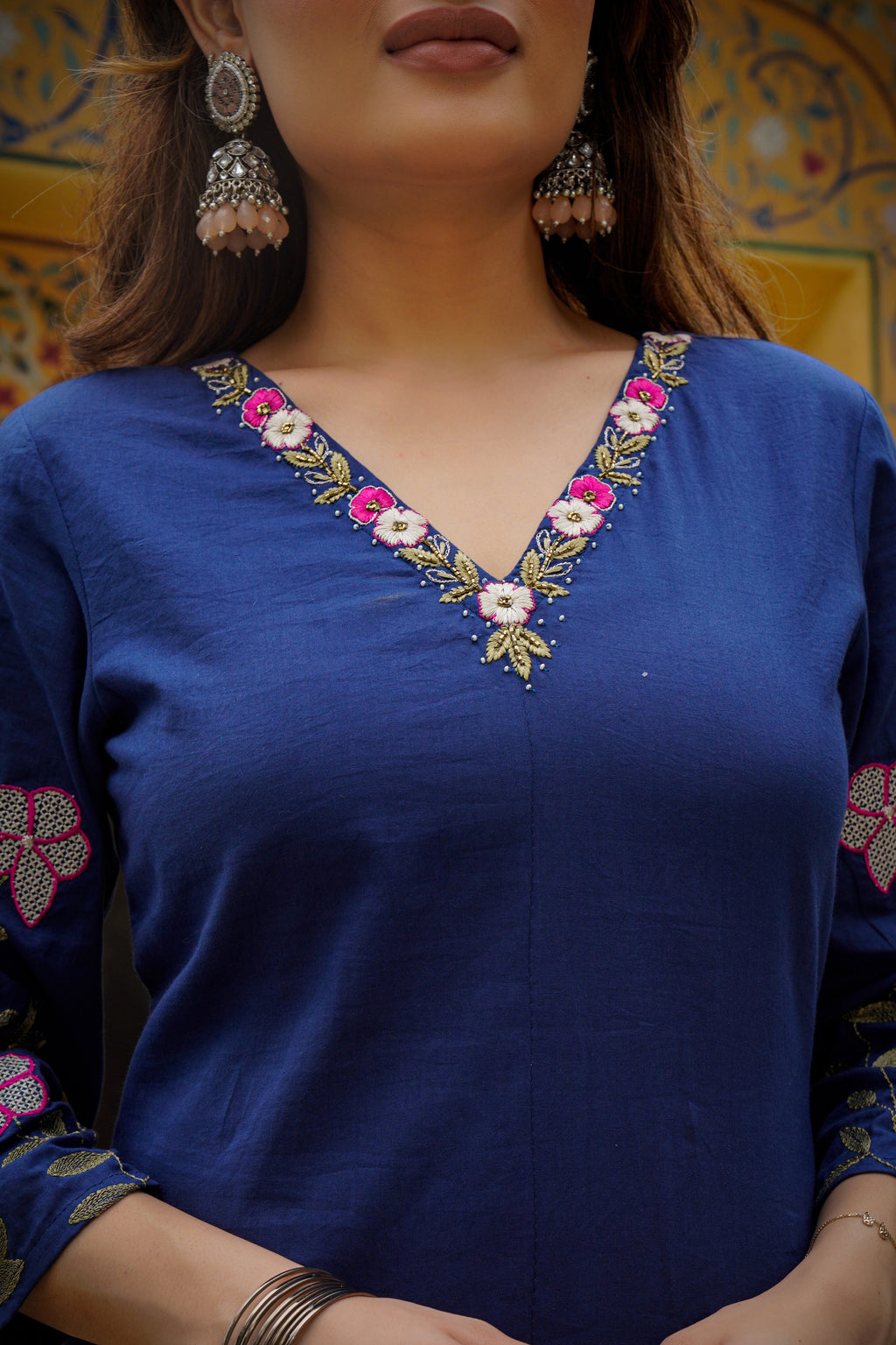 Royal Blue Chanderi Kurta Set – 3-Piece V-Neck Floral Embroidered Festive Suit