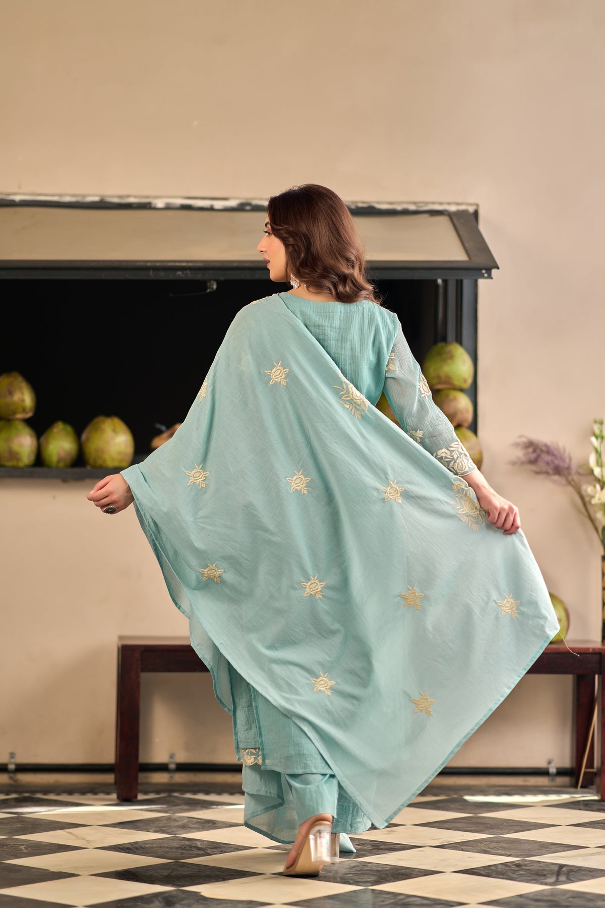 Sky Blue Chinnon Kurta Set – 3-Piece Ivory Floral Cut-Work Embroidered Festive Suit