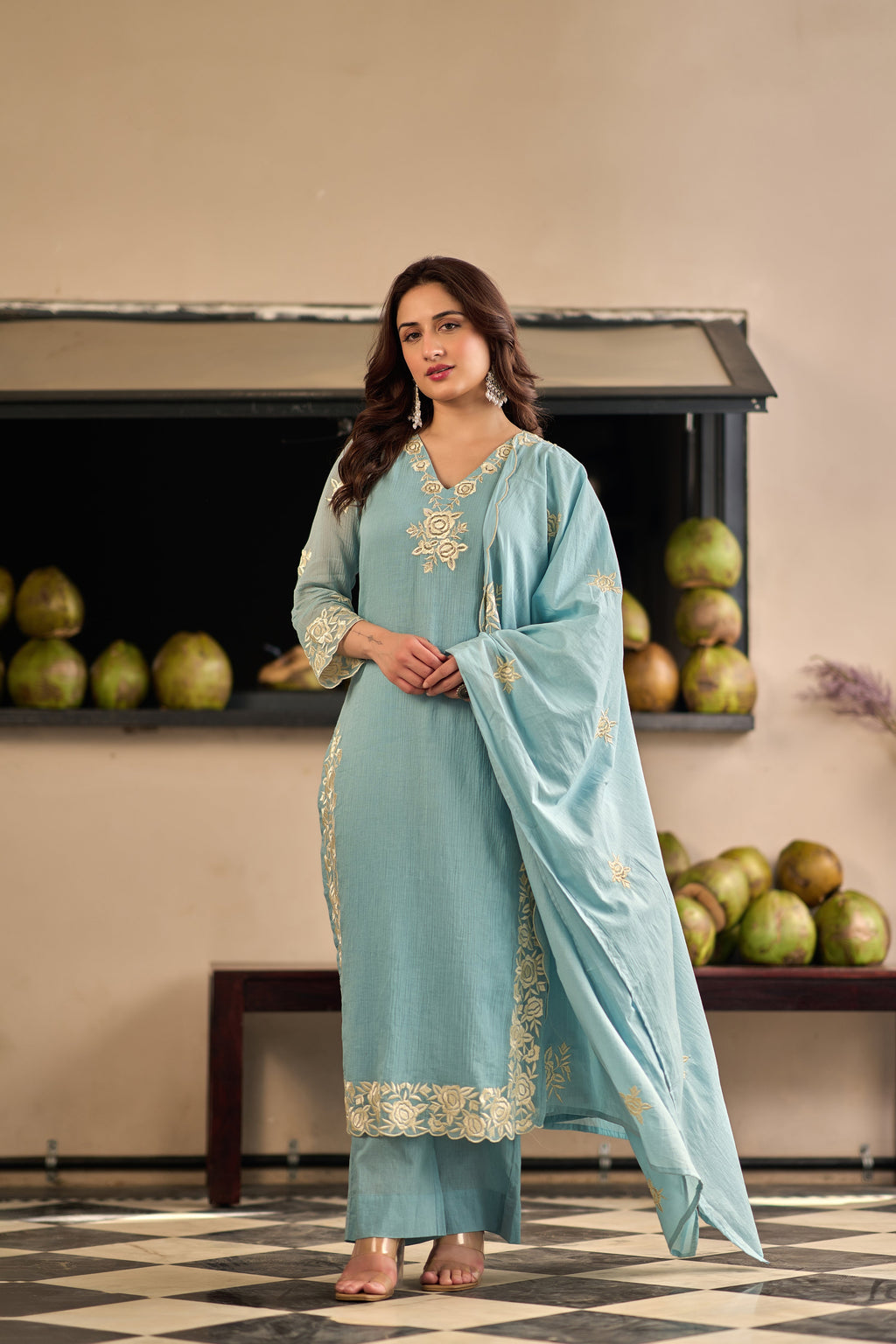 Sky Blue Chinnon Kurta Set – 3-Piece Ivory Floral Cut-Work Embroidered Festive Suit