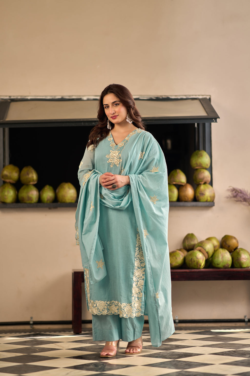 Sky Blue Chinnon Kurta Set – 3-Piece Ivory Floral Cut-Work Embroidered Festive Suit