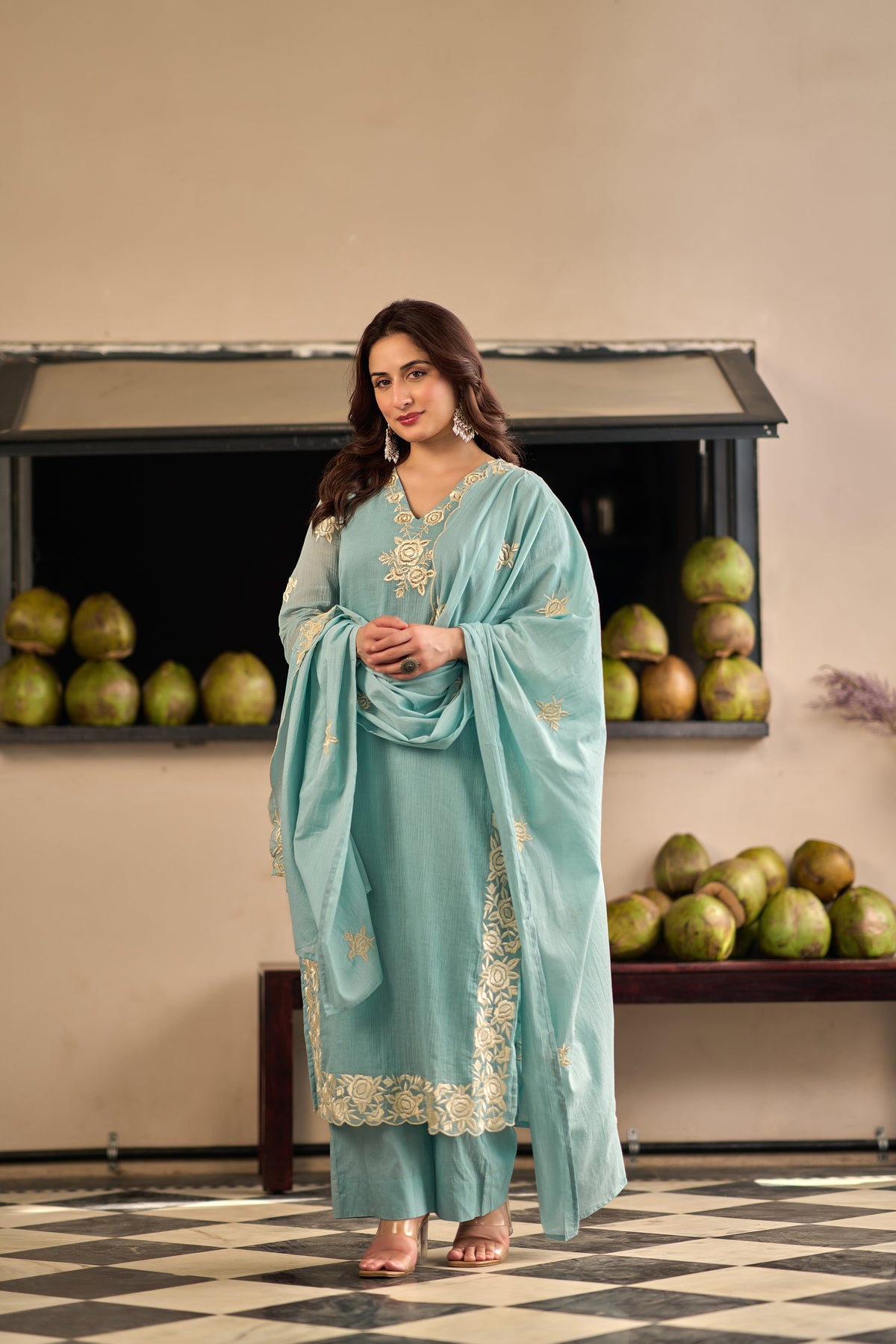 Sky Blue Chinnon Kurta Set – 3-Piece Ivory Floral Cut-Work Embroidered Festive Suit