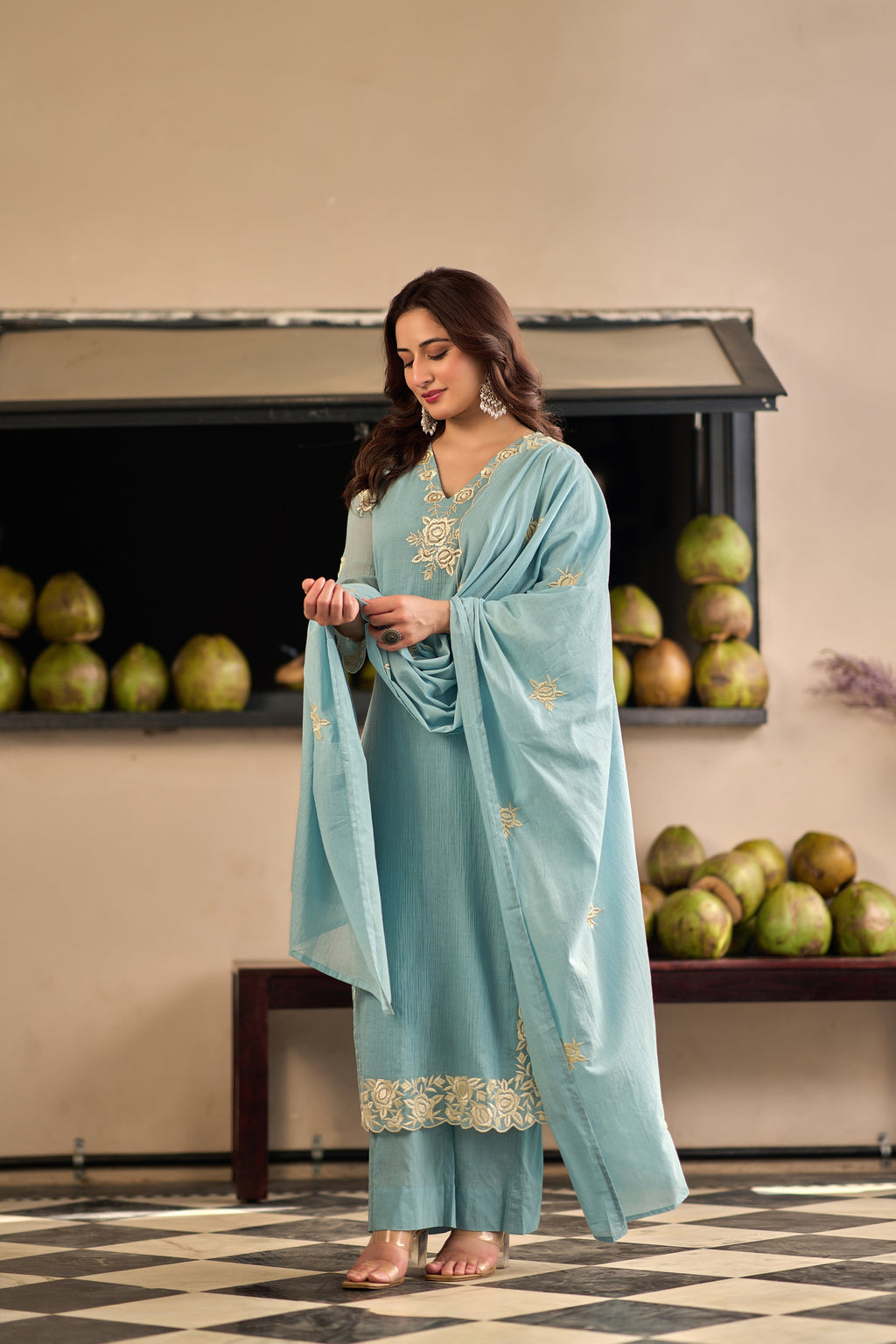 Sky Blue Chinnon Kurta Set – 3-Piece Ivory Floral Cut-Work Embroidered Festive Suit