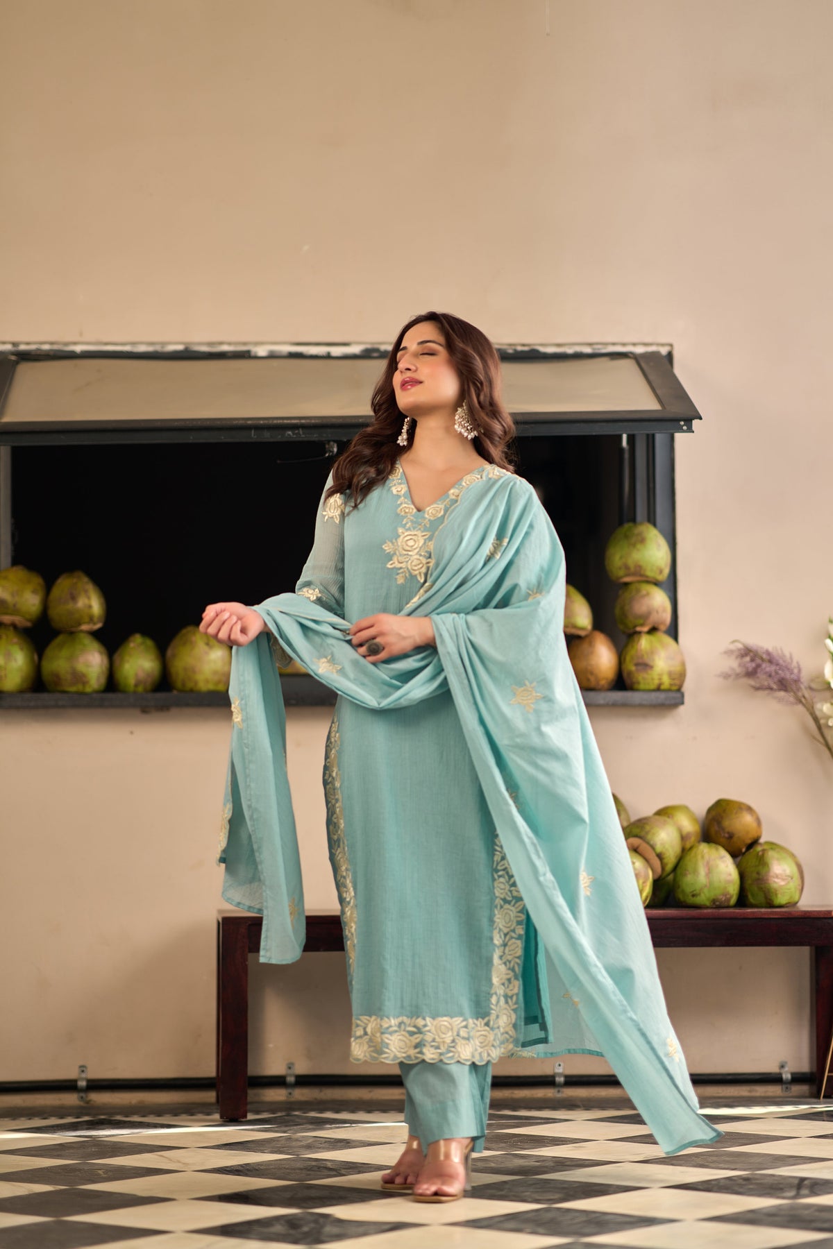 Sky Blue Chinnon Kurta Set – 3-Piece Ivory Floral Cut-Work Embroidered Festive Suit