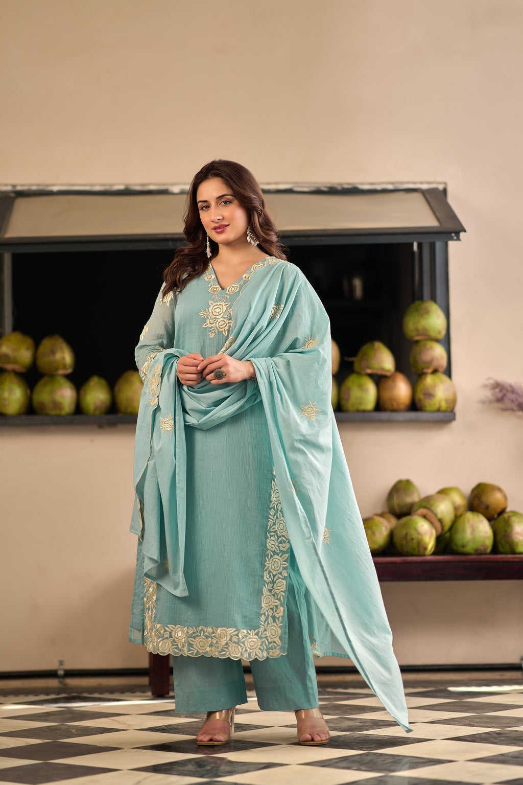 Sky Blue Chinnon Kurta Set – 3-Piece Ivory Floral Cut-Work Embroidered Festive Suit