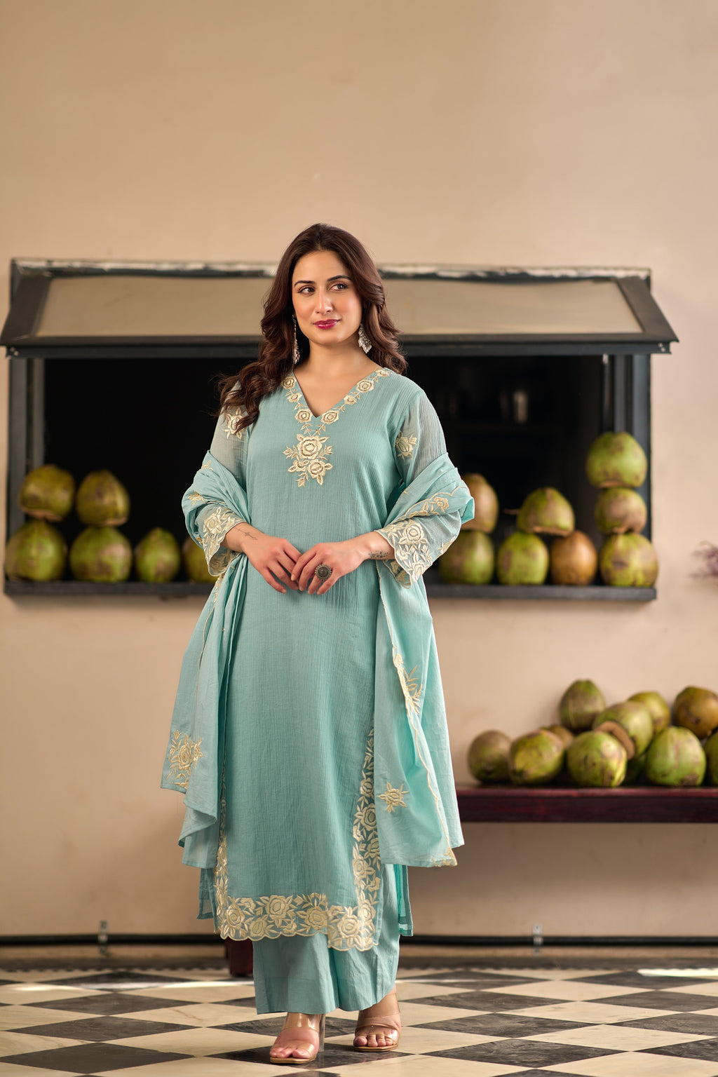 Sky Blue Chinnon Kurta Set – 3-Piece Ivory Floral Cut-Work Embroidered Festive Suit