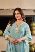 Sky Blue Chinnon Kurta Set – 3-Piece Ivory Floral Cut-Work Embroidered Festive Suit