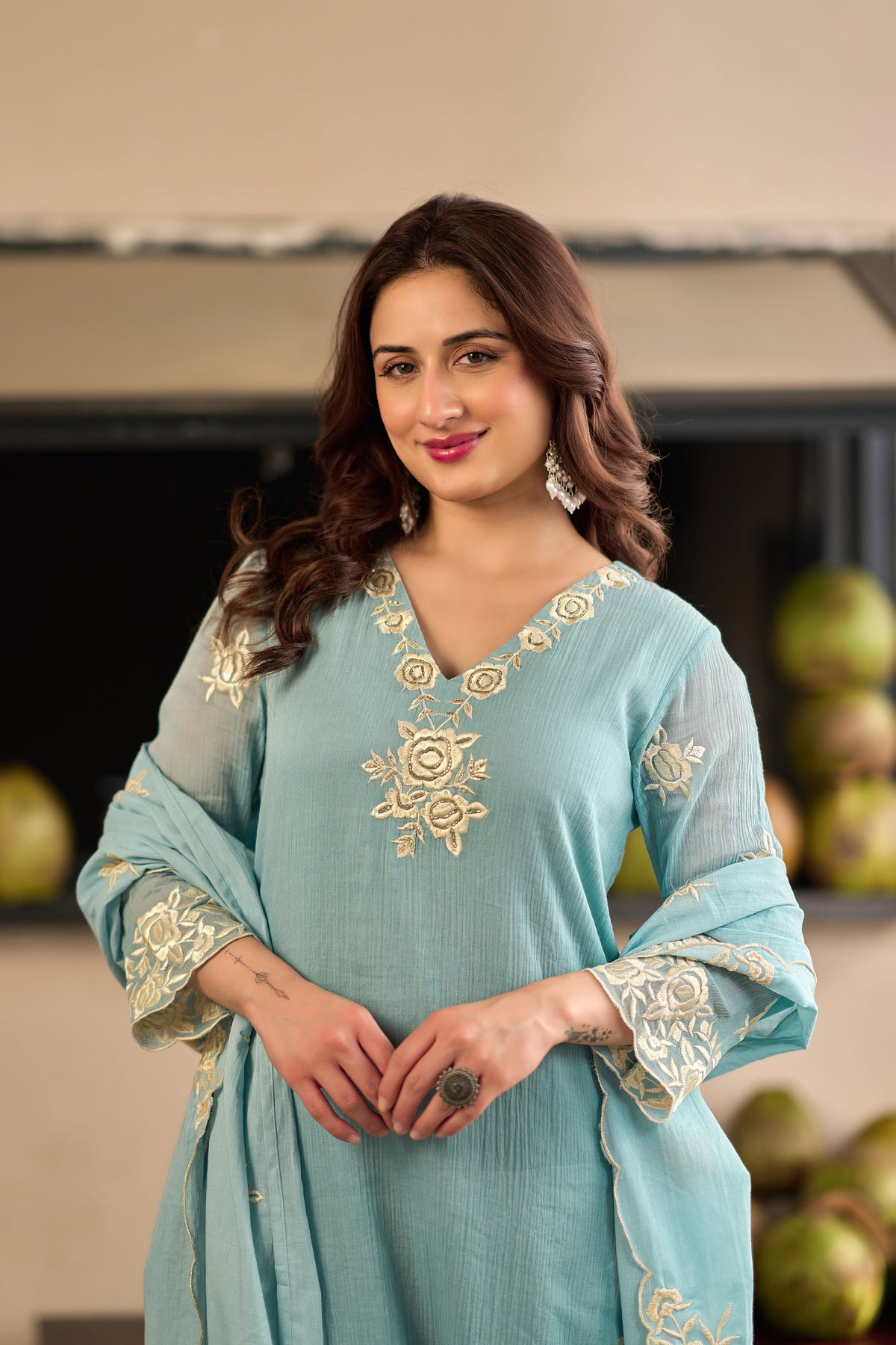 Sky Blue Chinnon Kurta Set – 3-Piece Ivory Floral Cut-Work Embroidered Festive Suit