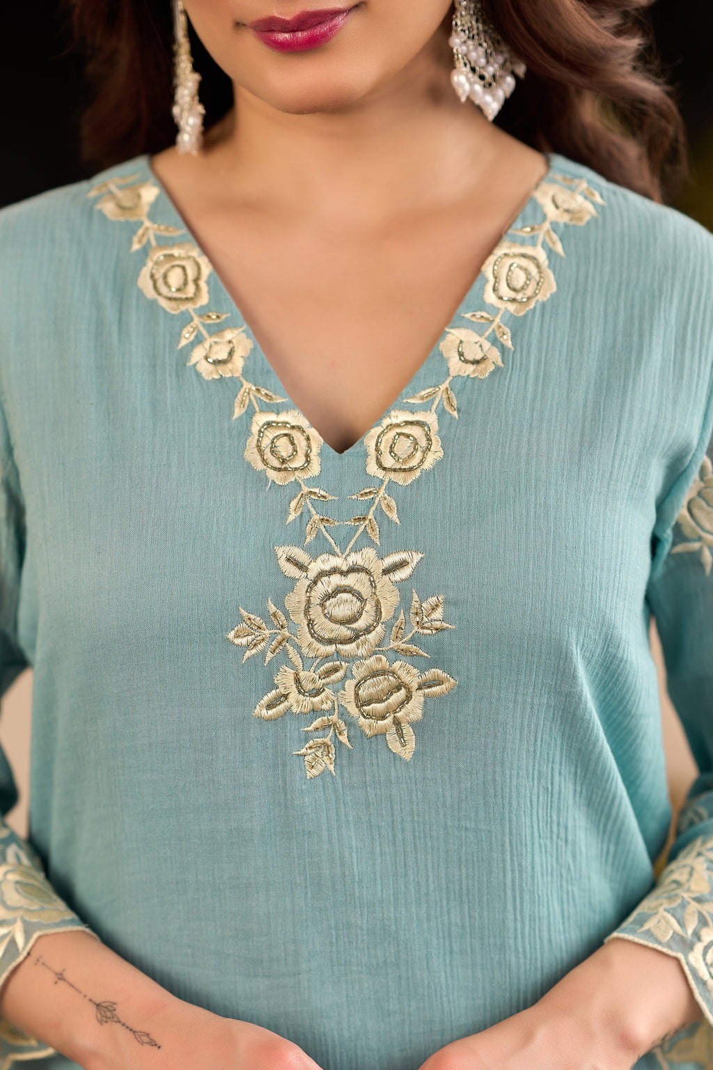 Sky Blue Chinnon Kurta Set – 3-Piece Ivory Floral Cut-Work Embroidered Festive Suit