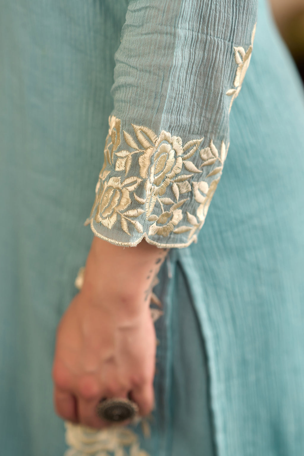 Sky Blue Chinnon Kurta Set – 3-Piece Ivory Floral Cut-Work Embroidered Festive Suit
