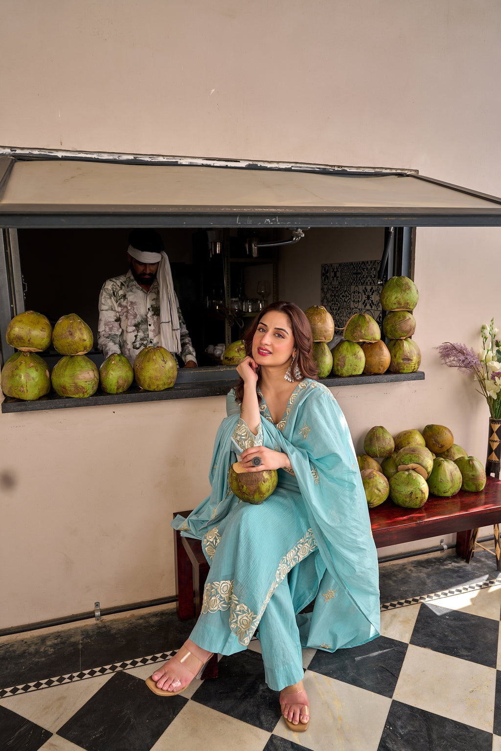 Sky Blue Chinnon Kurta Set – 3-Piece Ivory Floral Cut-Work Embroidered Festive Suit