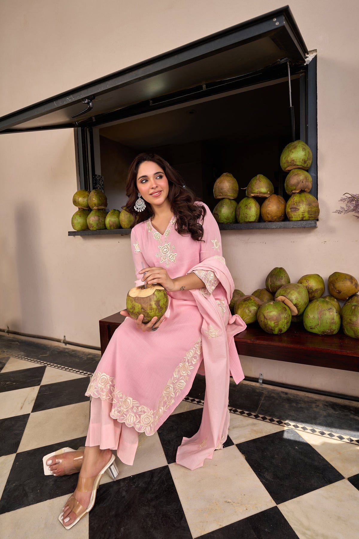 Baby Pink Chinnon Kurta Set – 3-Piece Ivory Floral Cut-Work Embroidered Festive Suit