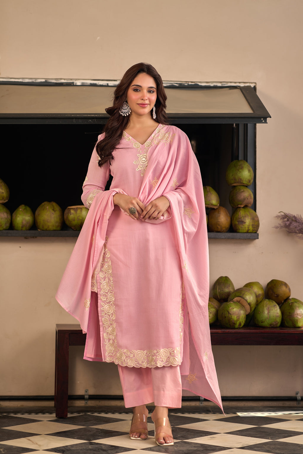 Baby Pink Chinnon Kurta Set – 3-Piece Ivory Floral Cut-Work Embroidered Festive Suit