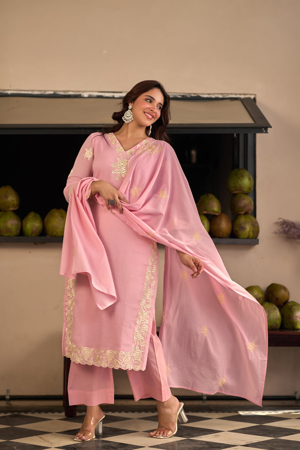 Baby Pink Chinnon Kurta Set – 3-Piece Ivory Floral Cut-Work Embroidered Festive Suit