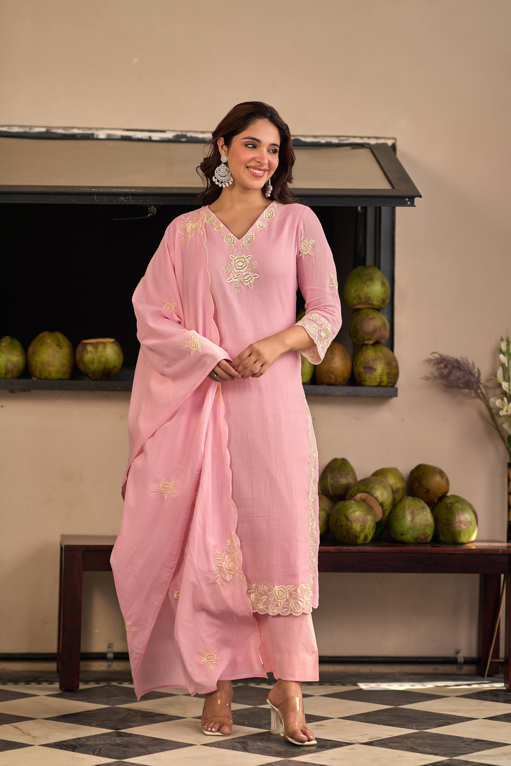 Baby Pink Chinnon Kurta Set – 3-Piece Ivory Floral Cut-Work Embroidered Festive Suit
