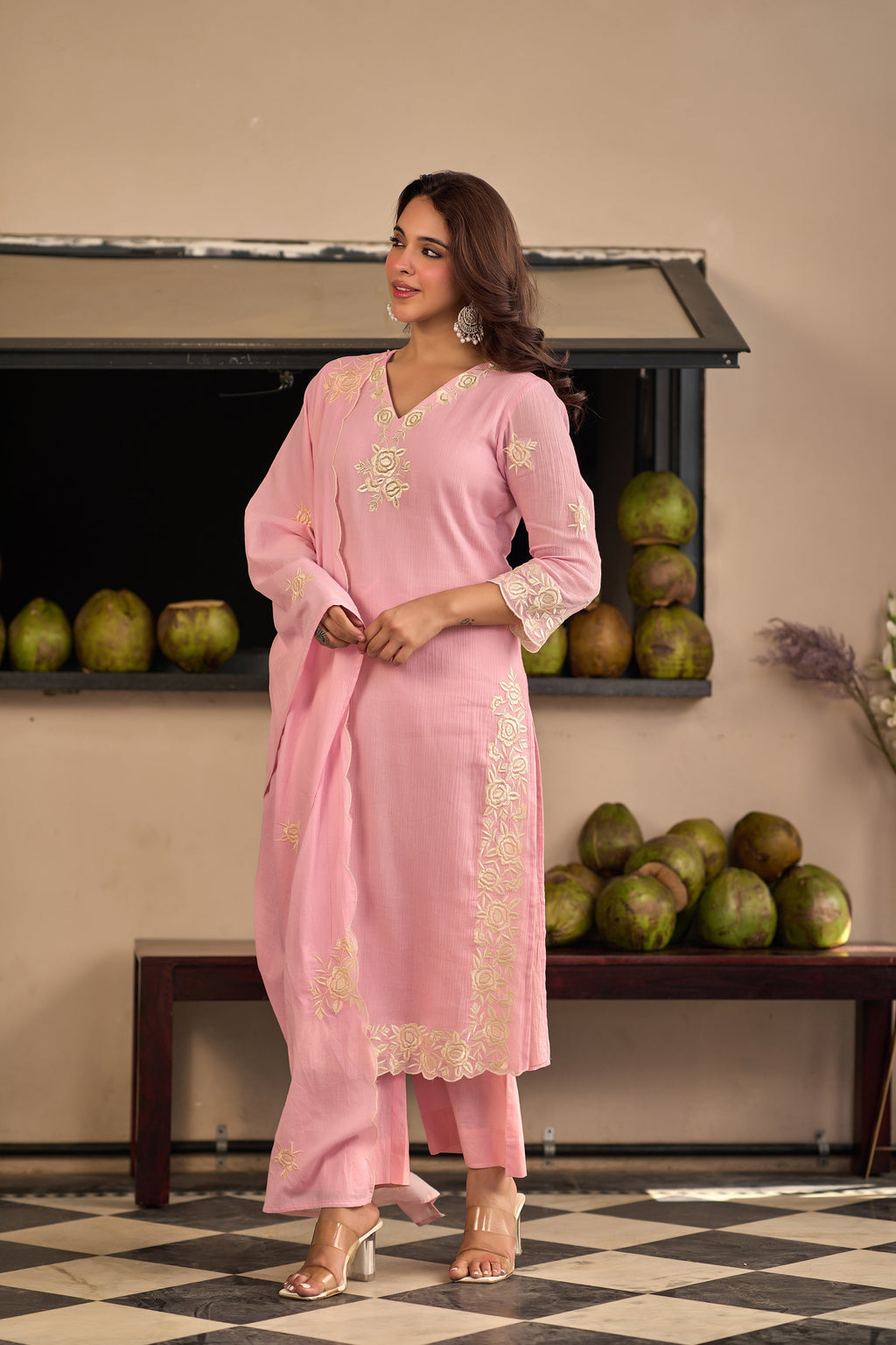 Baby Pink Chinnon Kurta Set – 3-Piece Ivory Floral Cut-Work Embroidered Festive Suit