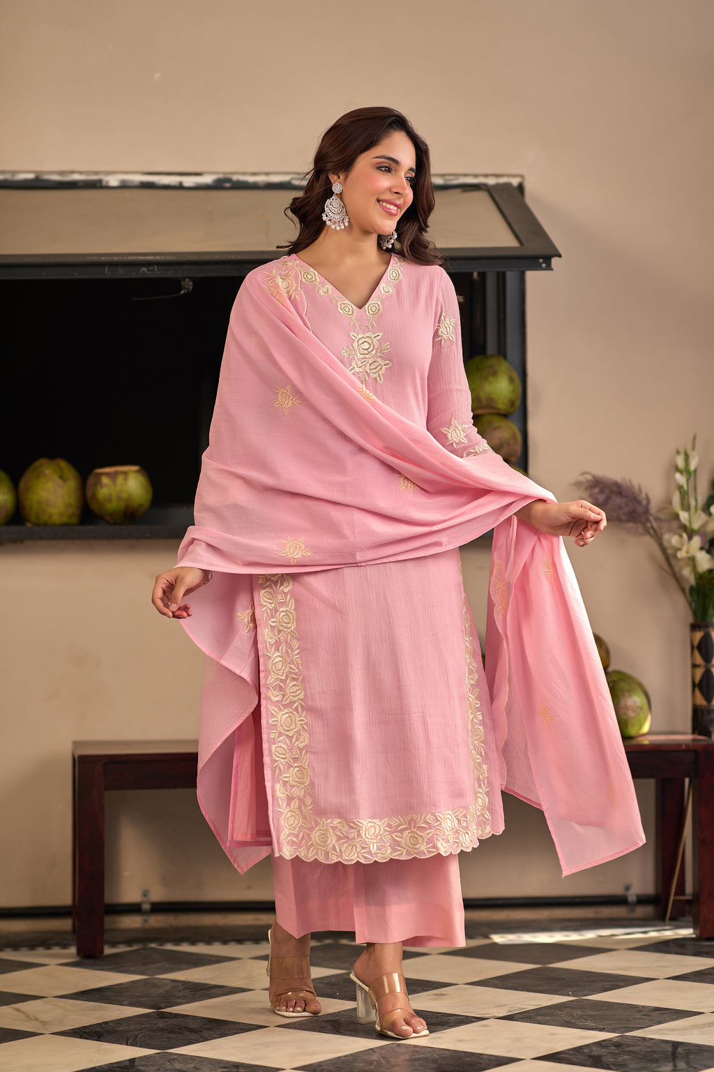 Baby Pink Chinnon Kurta Set – 3-Piece Ivory Floral Cut-Work Embroidered Festive Suit