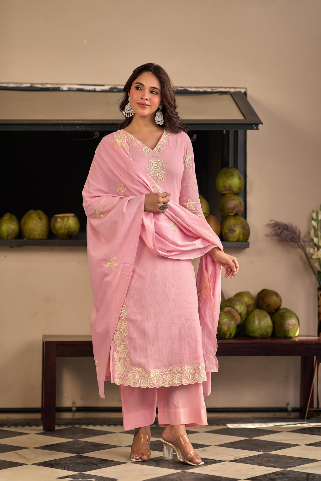 Baby Pink Chinnon Kurta Set – 3-Piece Ivory Floral Cut-Work Embroidered Festive Suit