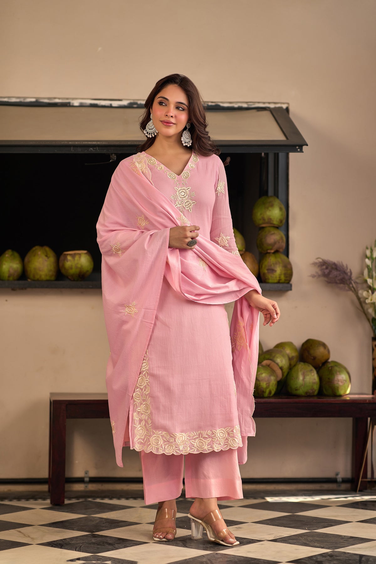 Baby Pink Chinnon Kurta Set – 3-Piece Ivory Floral Cut-Work Embroidered Festive Suit