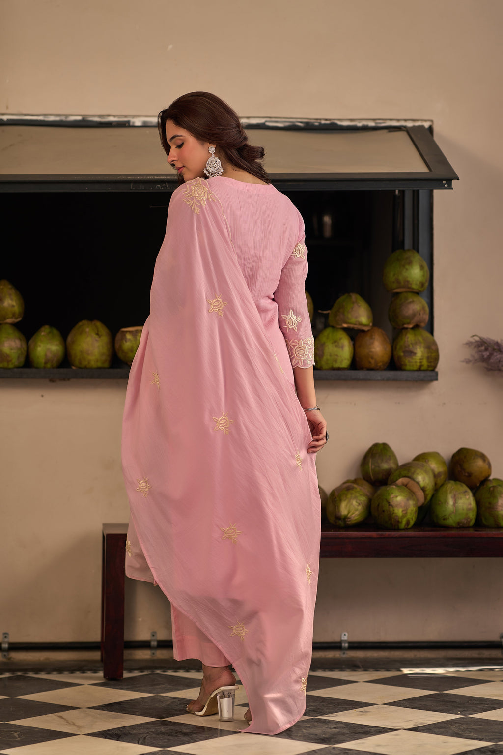 Baby Pink Chinnon Kurta Set – 3-Piece Ivory Floral Cut-Work Embroidered Festive Suit