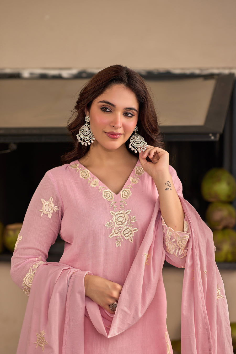 Baby Pink Chinnon Kurta Set – 3-Piece Ivory Floral Cut-Work Embroidered Festive Suit