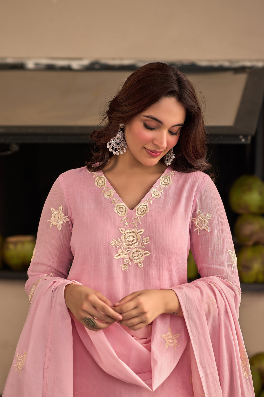 Baby Pink Chinnon Kurta Set – 3-Piece Ivory Floral Cut-Work Embroidered Festive Suit