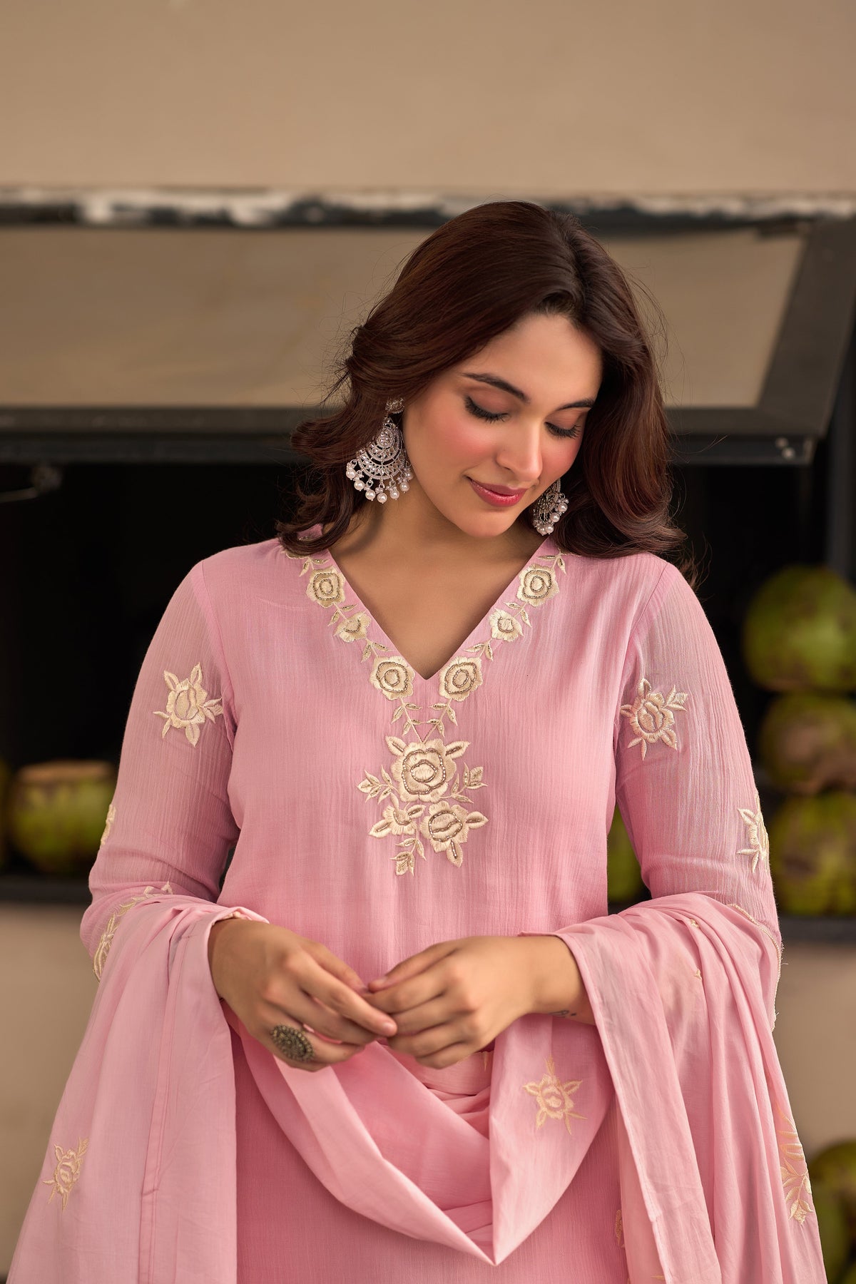 Baby Pink Chinnon Kurta Set – 3-Piece Ivory Floral Cut-Work Embroidered Festive Suit