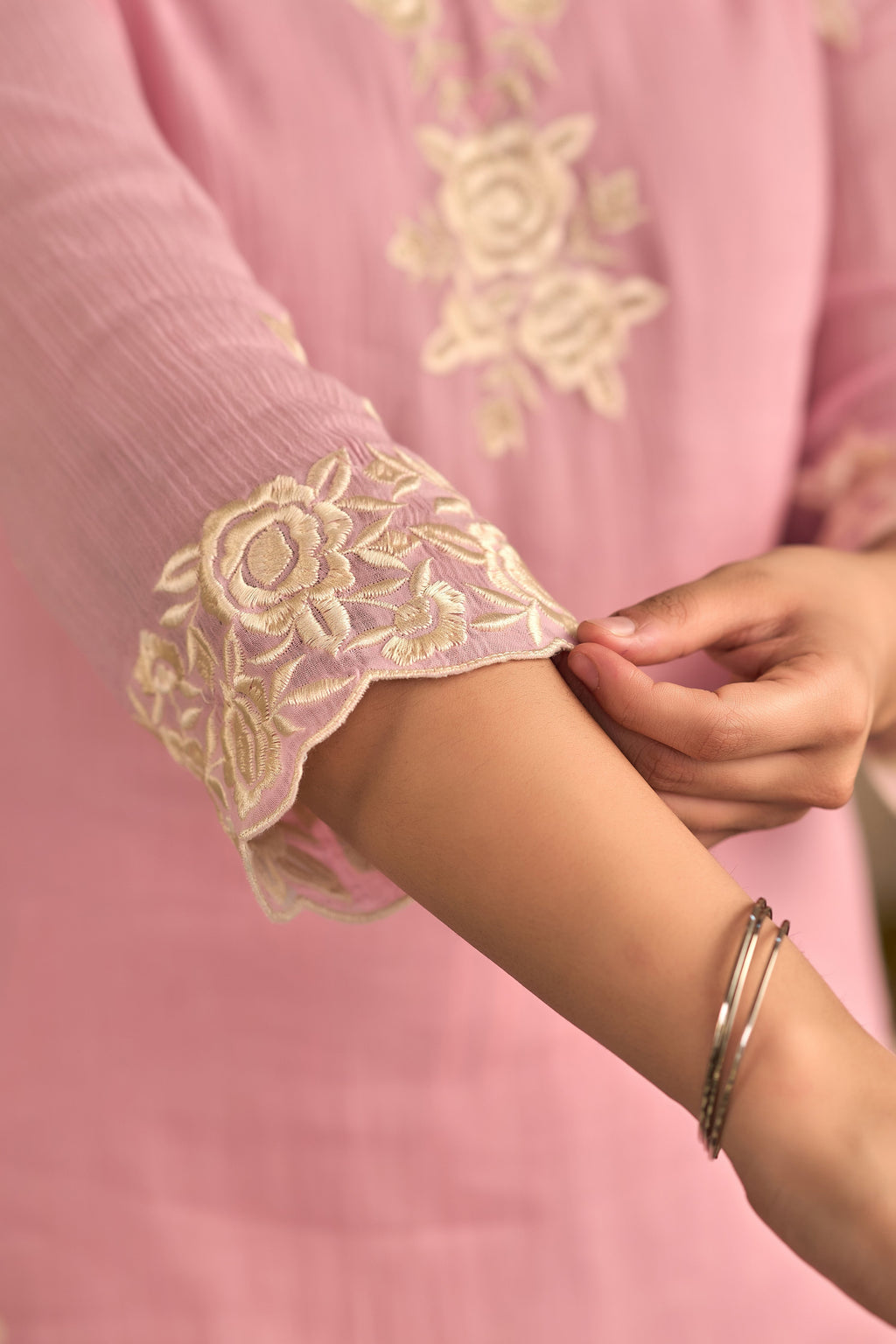 Baby Pink Chinnon Kurta Set – 3-Piece Ivory Floral Cut-Work Embroidered Festive Suit