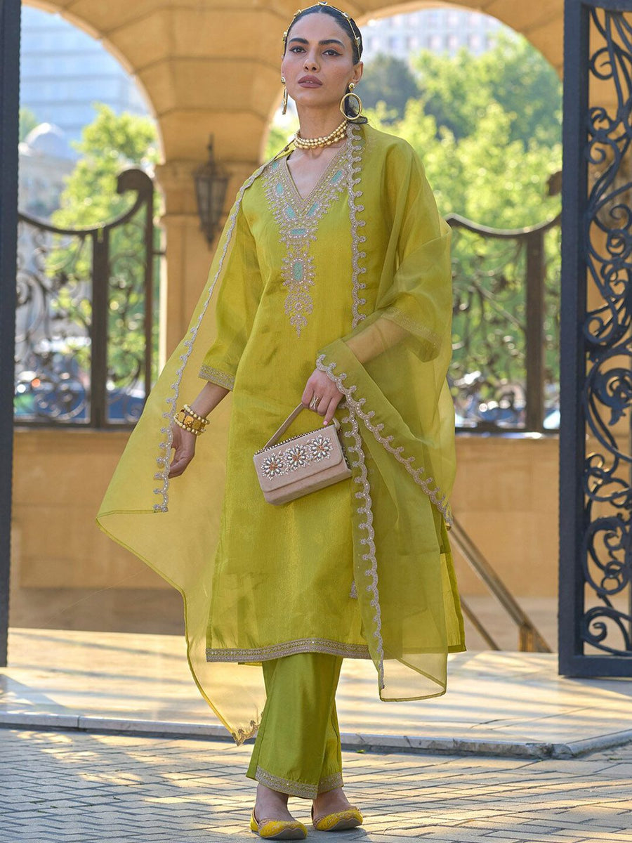 Aadesh Fashion Lucy Olive Lemon Georgette Embroidered Kurti Pant Set with Organza Dupatta