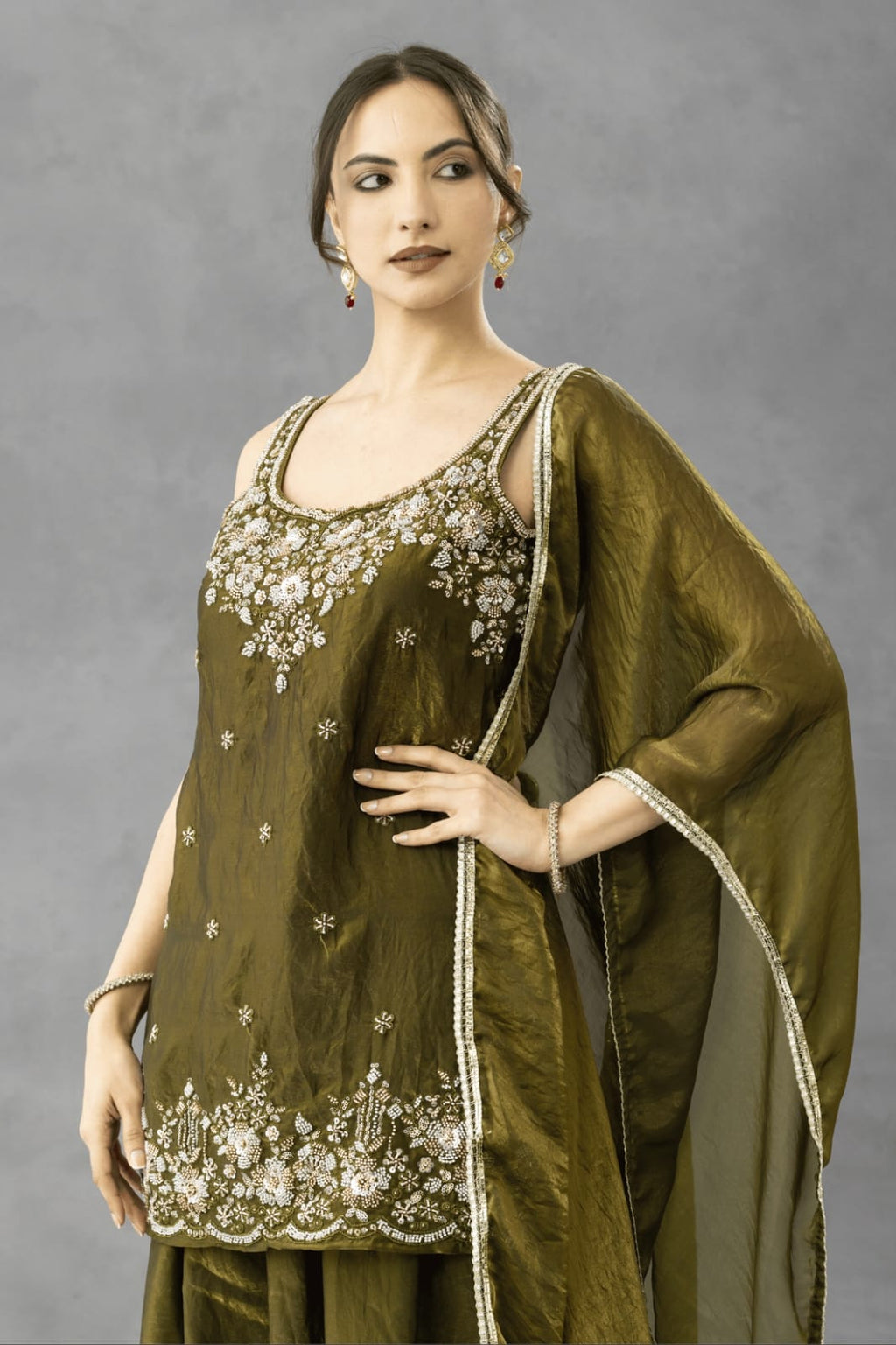 Aadesh Fashion Nazneen Deep Olive Green Shimmer Satin Short Kurti Sharara Set