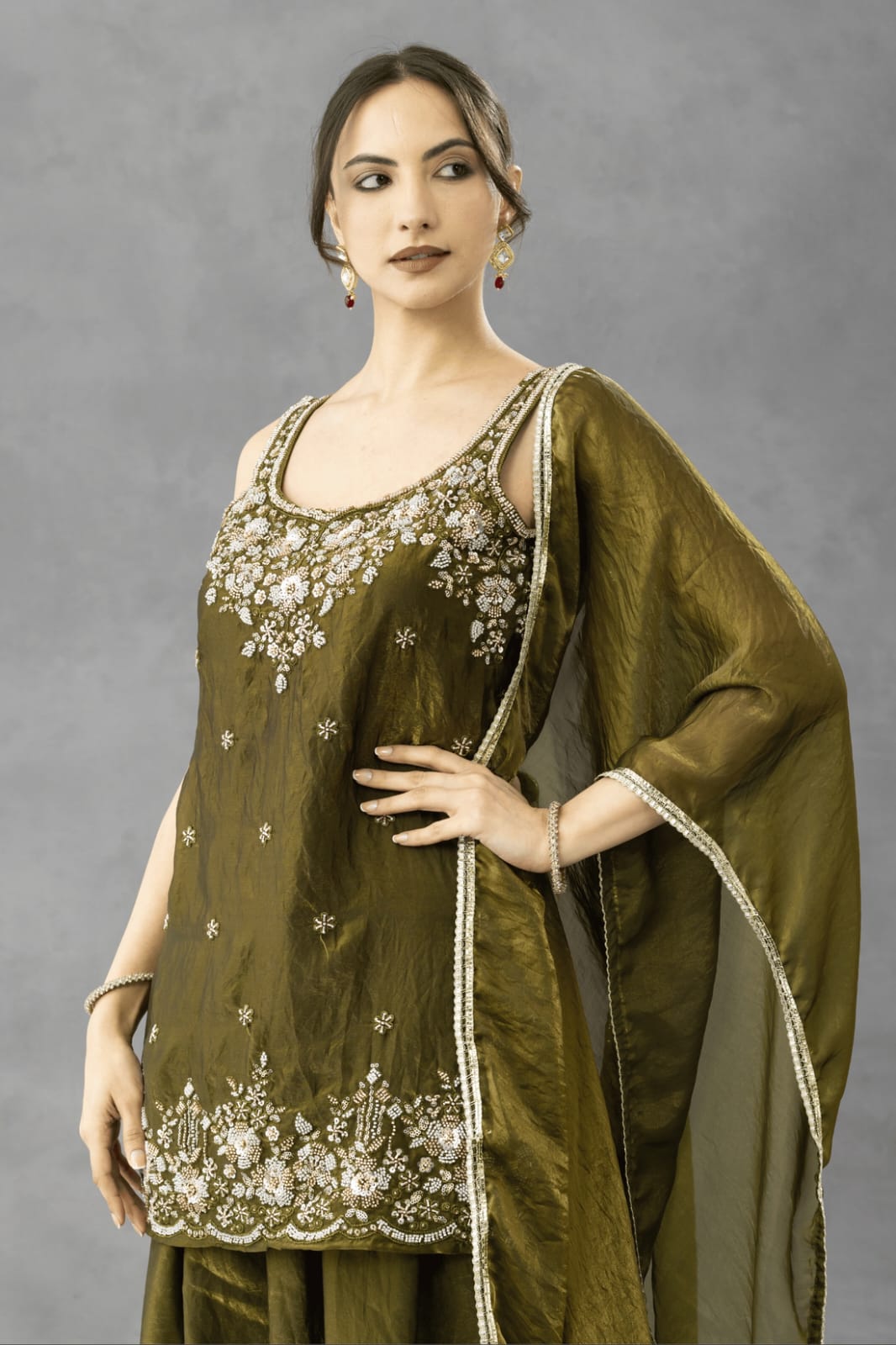 Aadesh Fashion Nazneen Deep Olive Green Shimmer Satin Short Kurti Sharara Set
