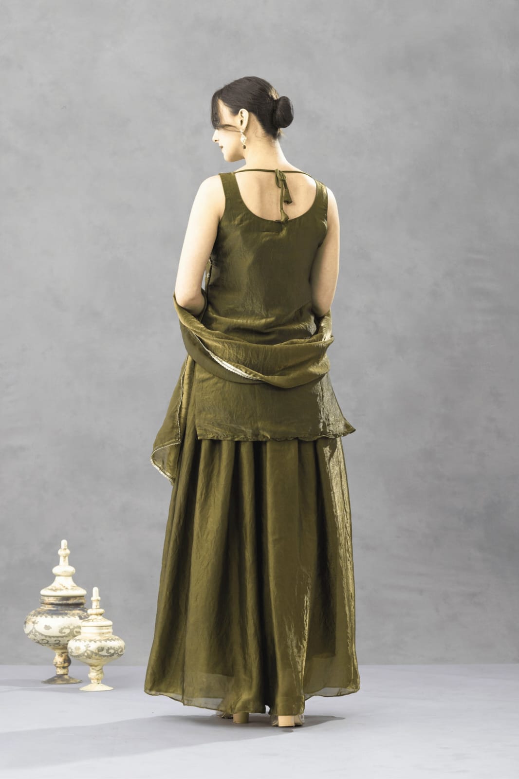 Aadesh Fashion Nazneen Deep Olive Green Shimmer Satin Short Kurti Sharara Set