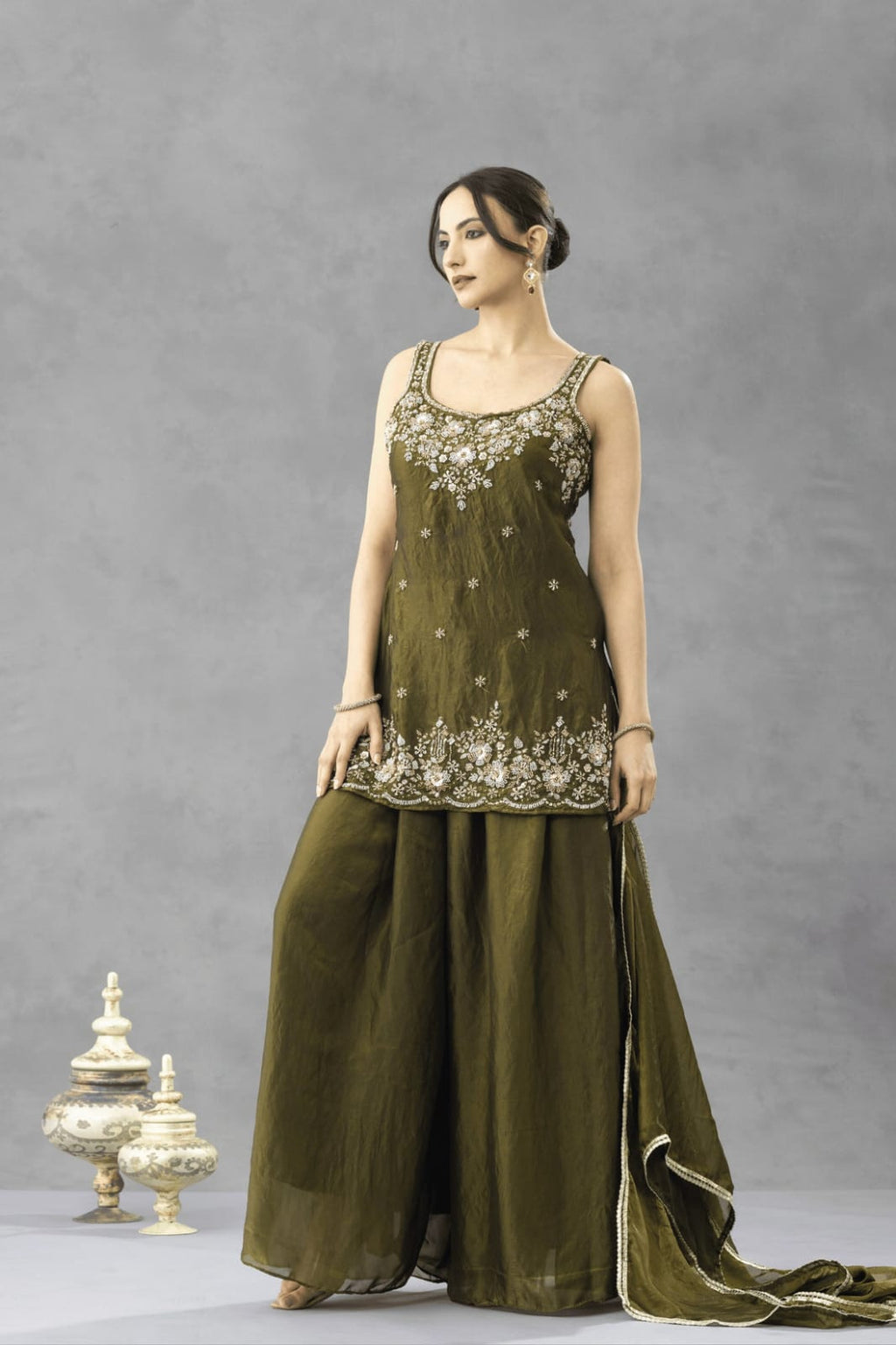 Aadesh Fashion Nazneen Deep Olive Green Shimmer Satin Short Kurti Sharara Set