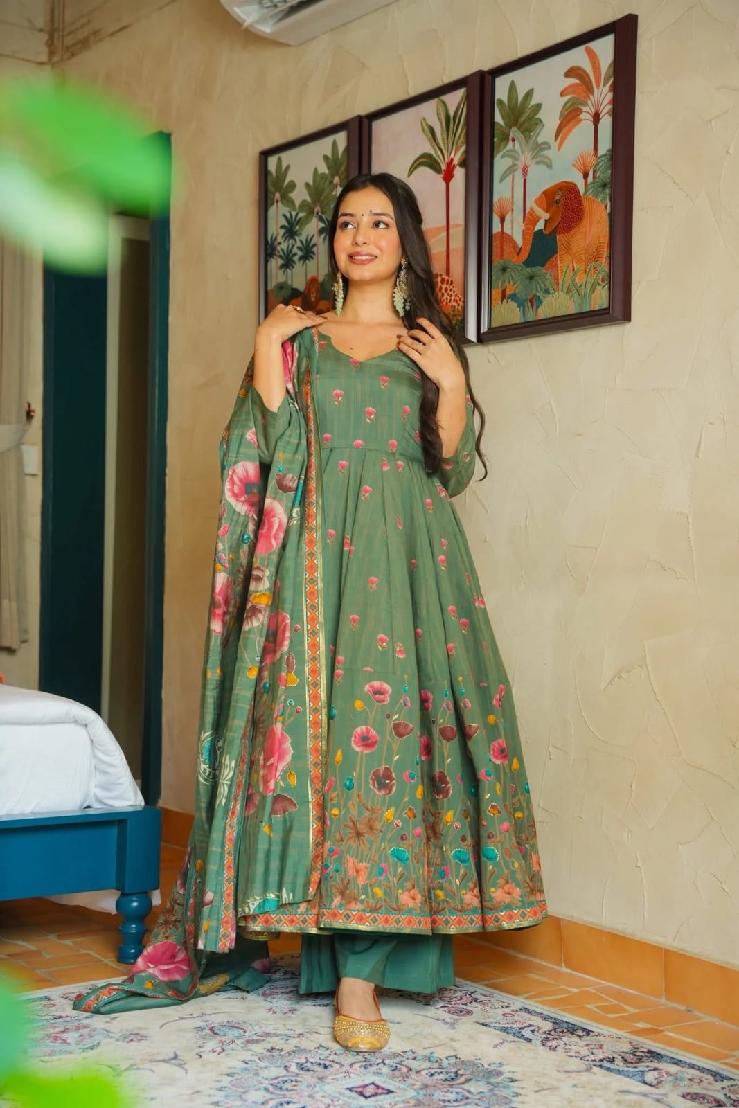 Aadesh Fashion Gulmohar Tales Sage Green Muslin Flared Anarkali Suit Set with Muslin Dupatta