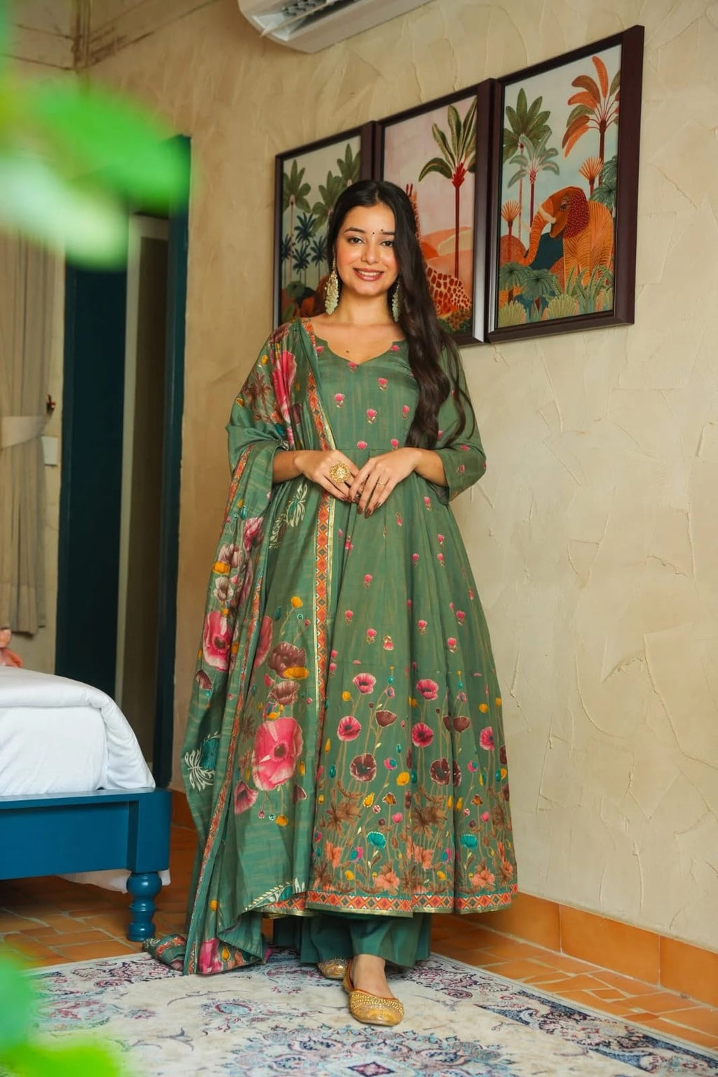 Aadesh Fashion Gulmohar Tales Sage Green Muslin Flared Anarkali Suit Set with Muslin Dupatta
