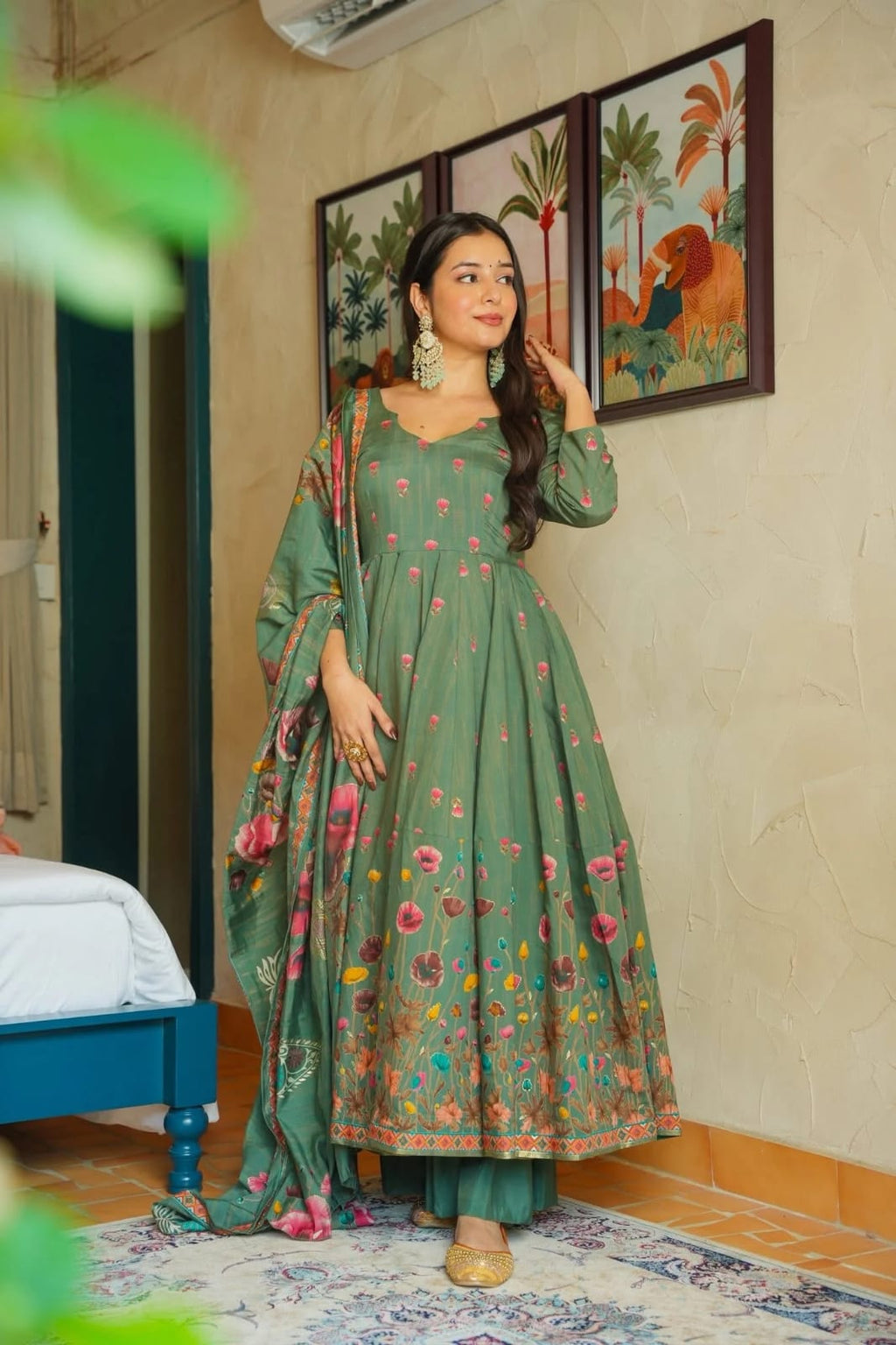 Aadesh Fashion Gulmohar Tales Sage Green Muslin Flared Anarkali Suit Set with Muslin Dupatta