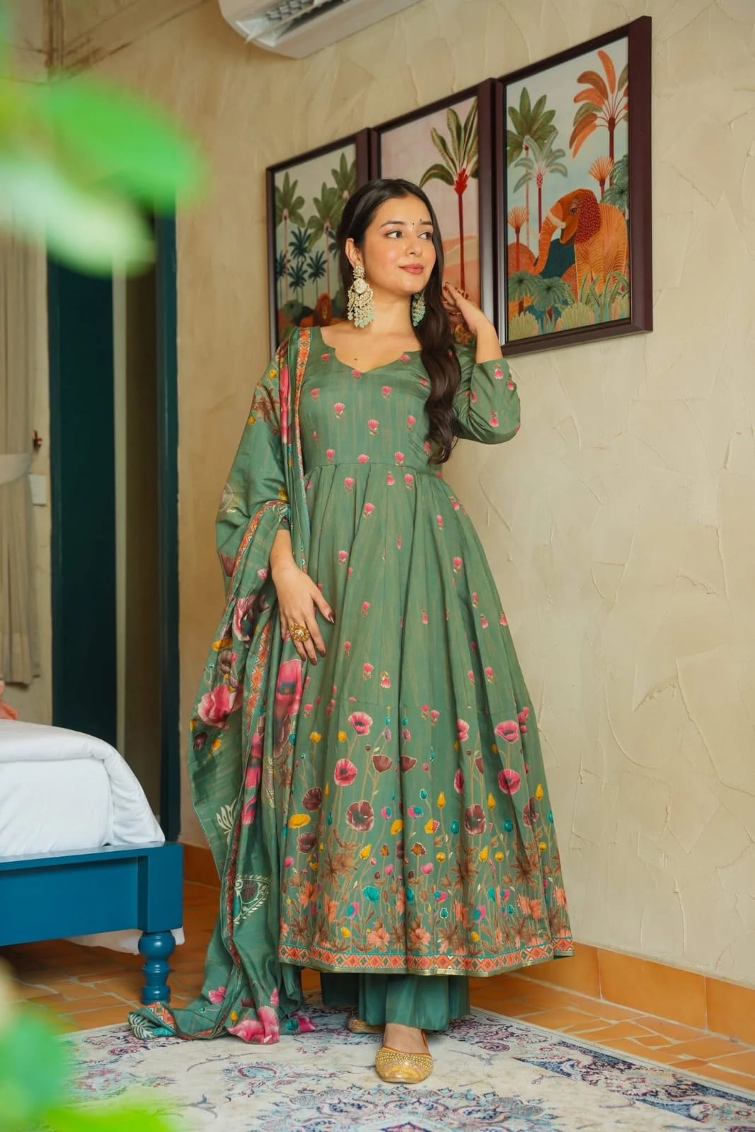 Aadesh Fashion Gulmohar Tales Sage Green Muslin Flared Anarkali Suit Set with Muslin Dupatta