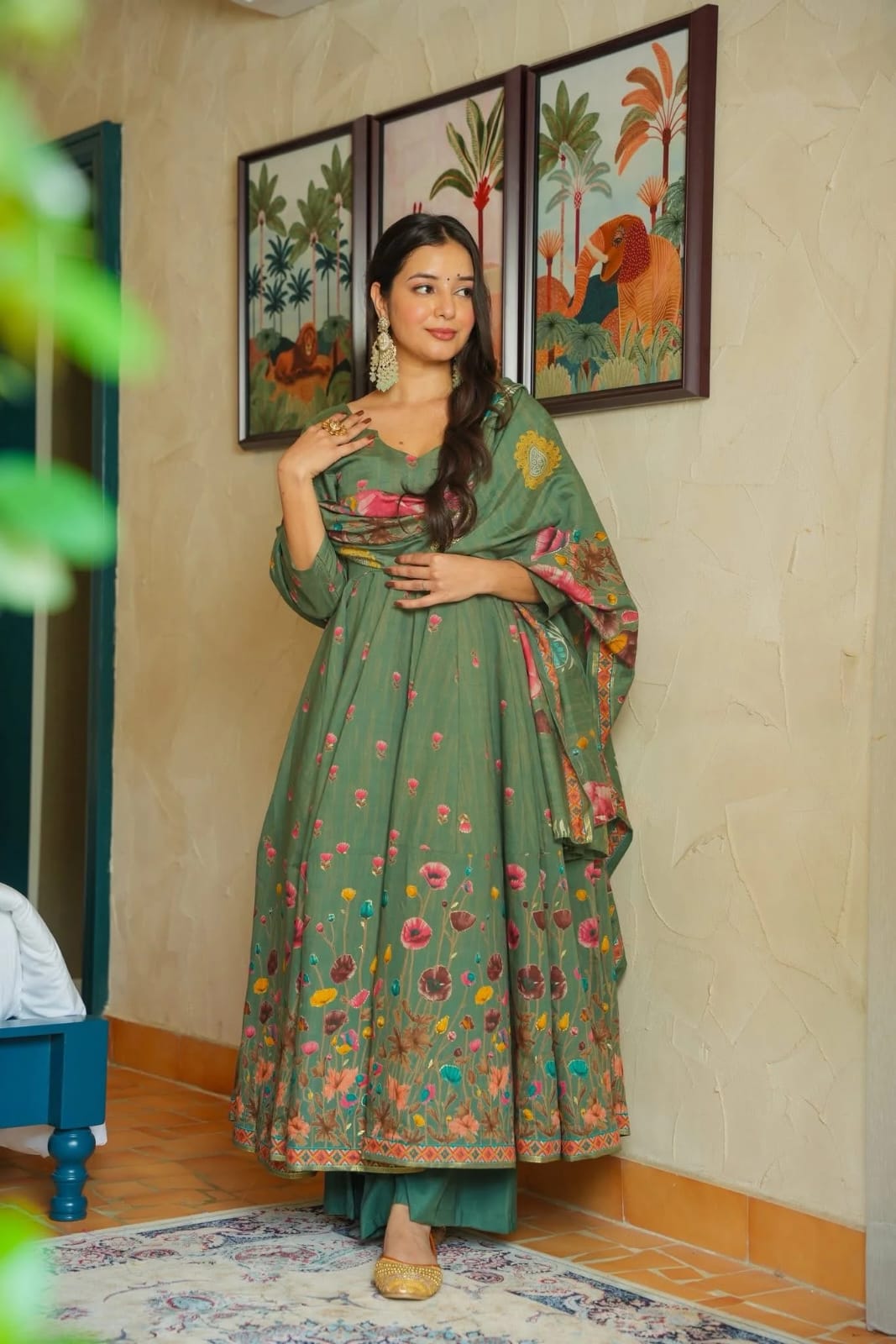 Aadesh Fashion Gulmohar Tales Sage Green Muslin Flared Anarkali Suit Set with Muslin Dupatta