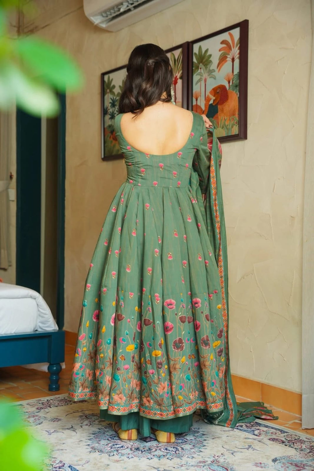 Aadesh Fashion Gulmohar Tales Sage Green Muslin Flared Anarkali Suit Set with Muslin Dupatta
