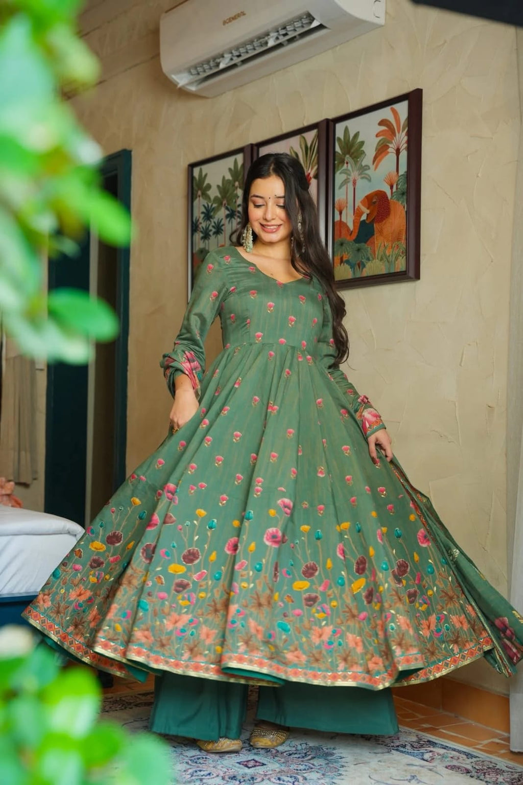 Aadesh Fashion Gulmohar Tales Sage Green Muslin Flared Anarkali Suit Set with Muslin Dupatta