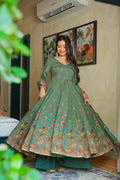 Aadesh Fashion Gulmohar Tales Sage Green Muslin Flared Anarkali Suit Set with Muslin Dupatta