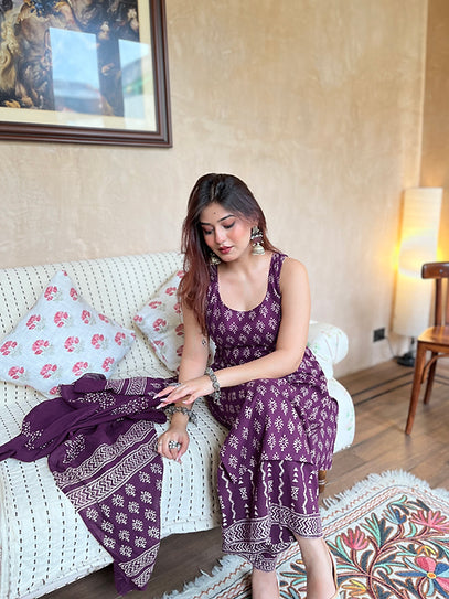 Aadesh Fashion Plum Purple Sleeveless Rayon Slub Kurti Palazzo Set with Chanderi Dupatta